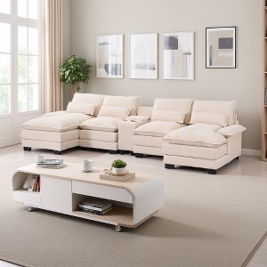 123" Chenille U-Shaped Sectional Sofa, Double Chaise, Console, USB - 1 of 4