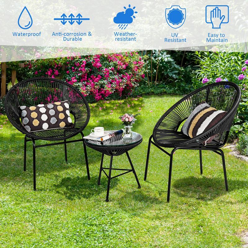 Costway 3PCS Patio Acapulco Furniture Bistro Set Plastic Rope Glass Table, 5 of 11