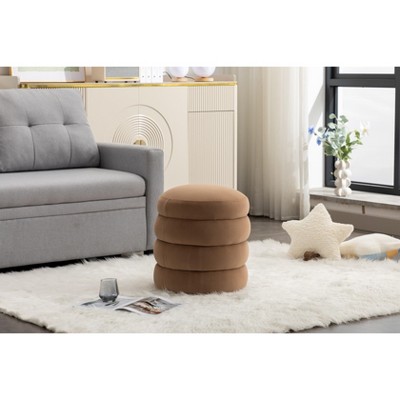 VASIP   Velvet Fabric Round Ottoman with Bottom Wooden Shelving ,for Living Room