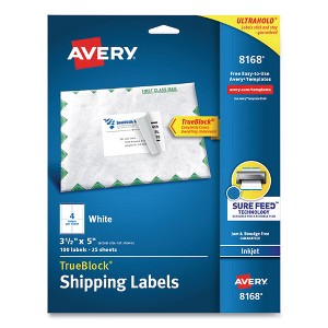 Avery Shipping Labels w/ TrueBlock Technology, Inkjet Printers, 3.5 x 5, White, 4/Sheet, 25 Sheets/Pack - 1 of 4