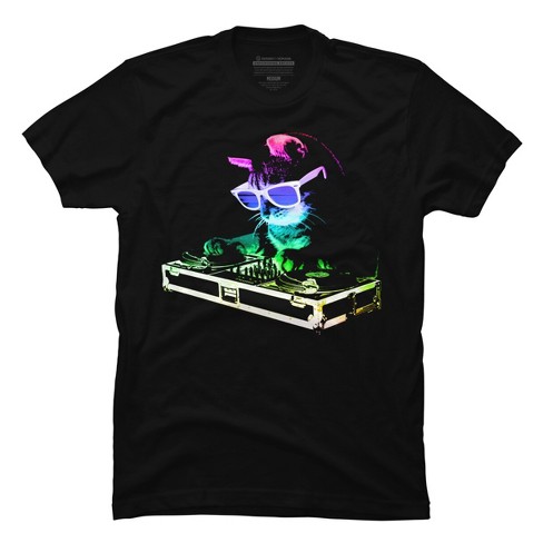 Men's Design By Humans HOUSE CAT (Rainbow DJ Kitty) By robotface T-Shirt -  Black - Small