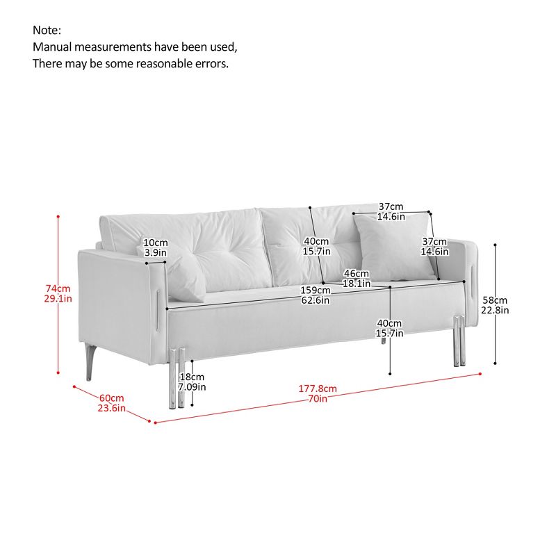 70" Modern Velvet Upholstered Sofa, Luxury 3-Seater Couch with 2 Pillows for Living Room, Apartment and Small Space 4A - ModernLuxe, 3 of 11