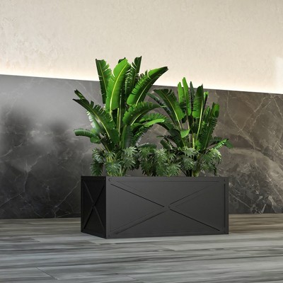 LeisureMod Black Rectangular Fiberstone Planter with Drainage Holes