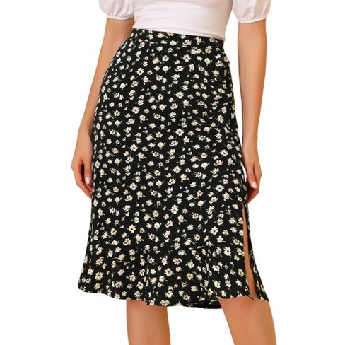 Allegra K Women's Floral Ruffle Elastic High Waist Button Flowy Split Midi  Skirt Black X-Small