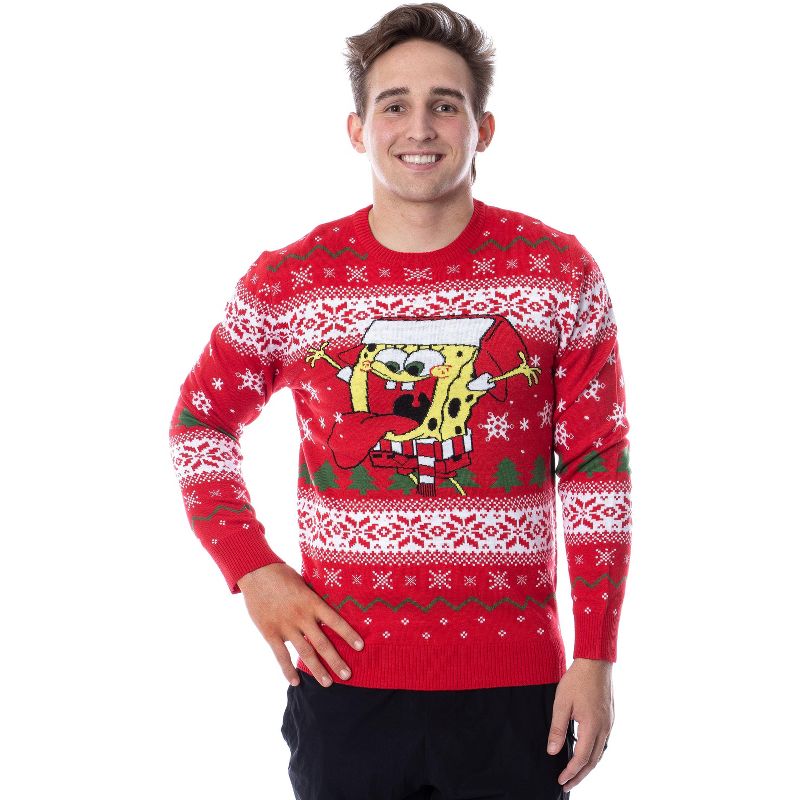 SpongeBob SquarePants Men's Snowflake Catching Ugly Sweater Knit Pullover, 1 of 5