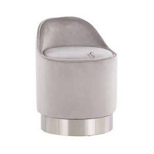 LumiSource Marla Glam Vanity Stool Steel/Velvet Chrome/Silver: Round, Swivel, Mid-Century Modern Ottoman with Storage - 1 of 4