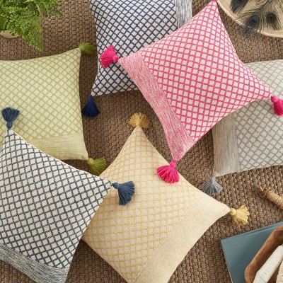 18" Square Light Gray Textured Throw Pillow with Tassels