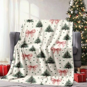 Lomsoe Pink Bow & Christmas Tree Flannel Blanket - Pink Bow & Green Tree Print Holiday Gift. - 1 of 4