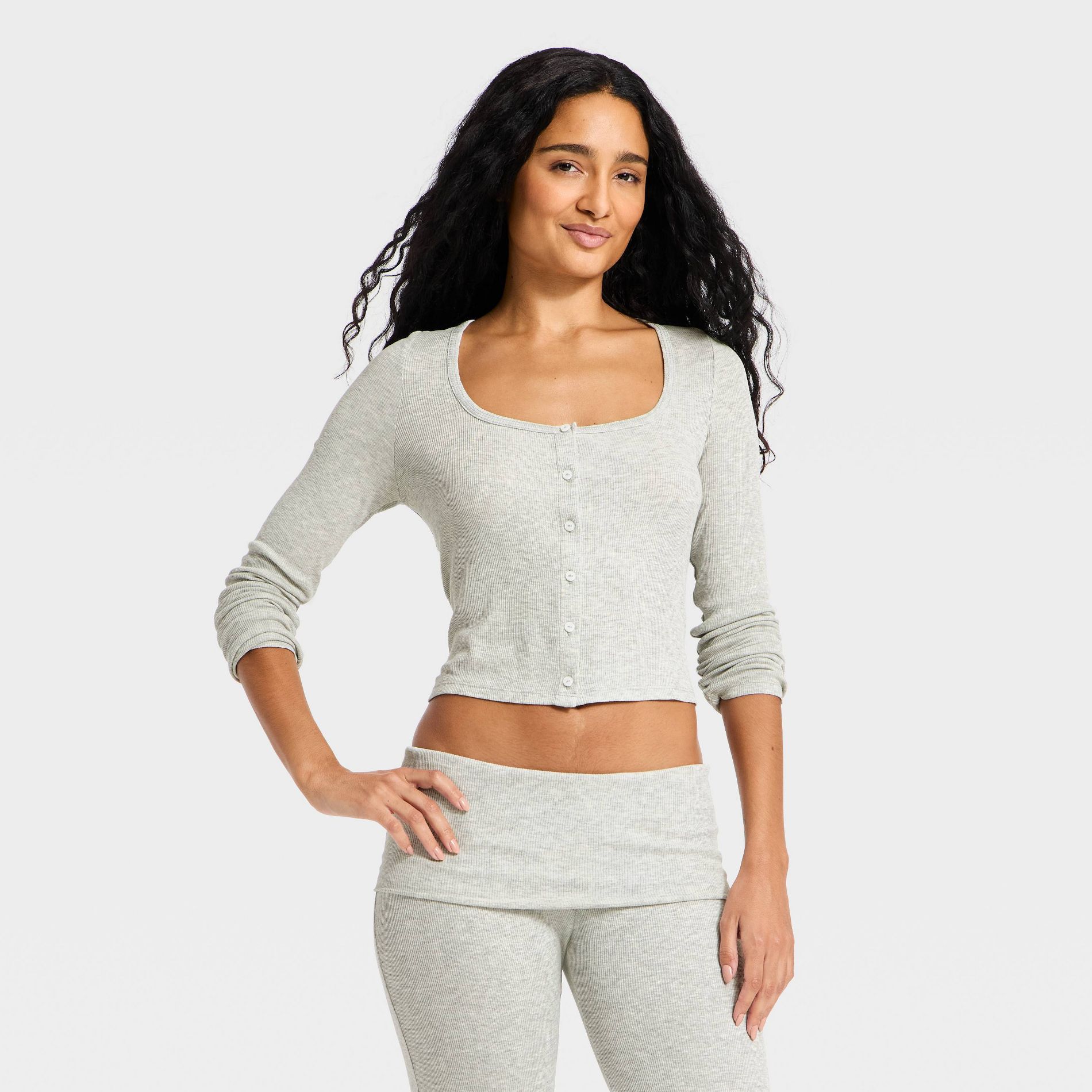 Women's Long Sleeve Ribbed Front-Button Sleep Top - Wild Fable™