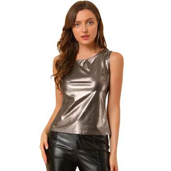 Tregren Women's Glitter Fitted T-Shirt, Short Sleeve Bodycon Shiny Top Sexy  Silver Club Crop Tees