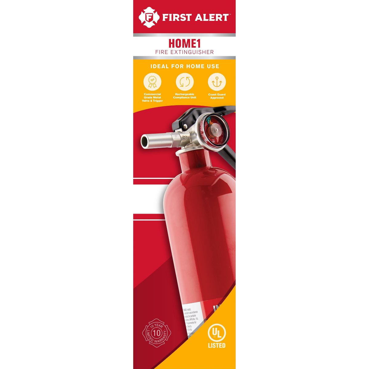 First Alert HOME1 Multipurpose ABC Rechargeable Fire Extinguisher: Steel, 10-Year Warranty, Meets OSHA, UL 1-A:10:BC, Red