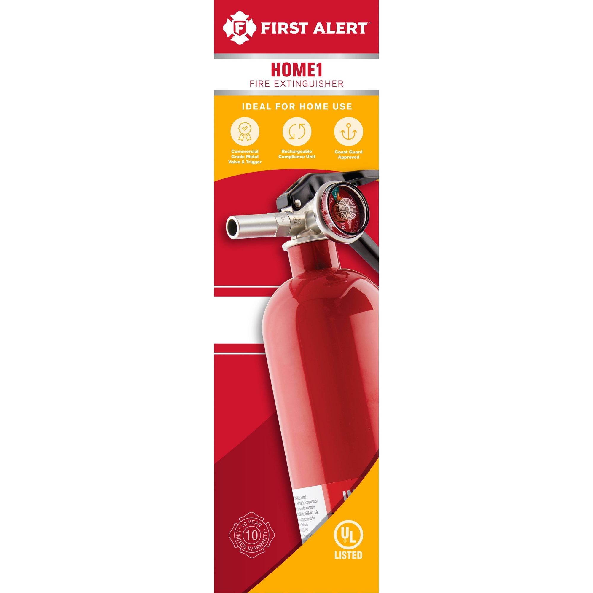 First Alert HOME1 Multipurpose ABC Rechargeable Fire Extinguisher: Steel, 10-Year Warranty, Meets OSHA, UL 1-A:10:BC, Red