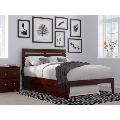 Walnut Full Wood Platform Bed with Trundle and USB Charger