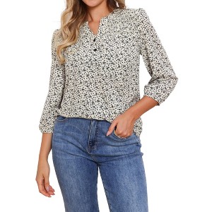 INSPIRE CHIC Women's V Neck Floral 3/4 Sleeve Smocked Front Button Up Casual Blouse - 1 of 4
