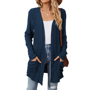 Women's Ribbed Knit Cardigan - Long Sleeve Open Front Pocket Sweater for Casual & Loungewear - 1 of 4