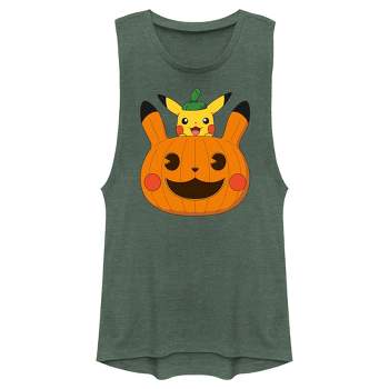 Juniors Womens Pokemon Halloween Pikachu Jack-O'-Lantern Festival Muscle Tee