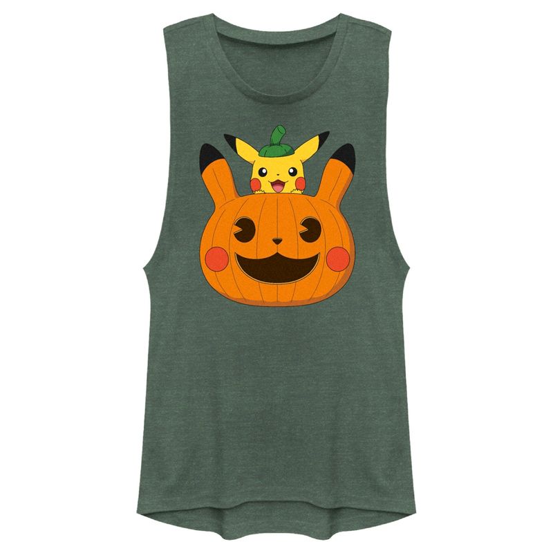 Juniors Womens Pokemon Halloween Pikachu Jack-O'-Lantern Festival Muscle Tee, 1 of 5