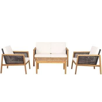 Tangkula 4-Piece Patio Acacia Wood Furniture Set Outdoor PE Rattan Conversation Set with Removable Cushions