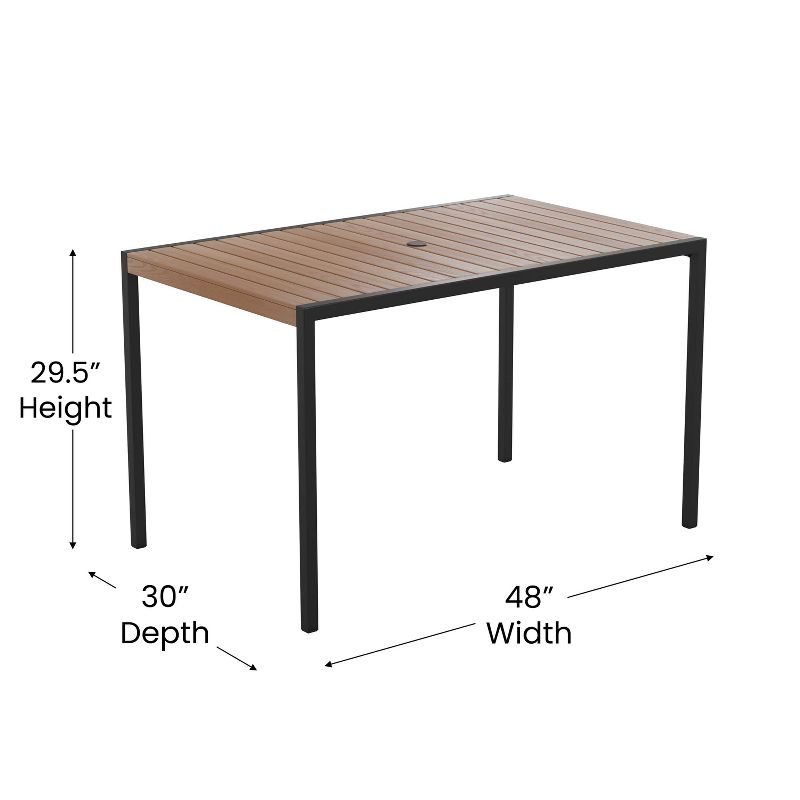 Emma and Oliver 30" x 48" All-Weather Faux Teak Patio Dining Table with Steel Frame - Seats 4, 4 of 10