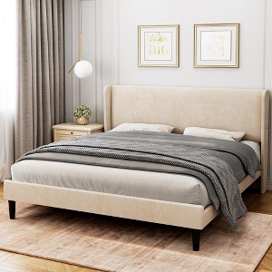 Whizmax Queen/Full Size Bed Frame with Wingback, Velvet Platform Bed with Upholstered Headboard, Solid Wood Slats Support, No Box Spring Needed - 1 of 4