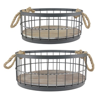 2pc Round Rustic Wood And Metal Basket Set Brown - Stonebriar Collection :  Target