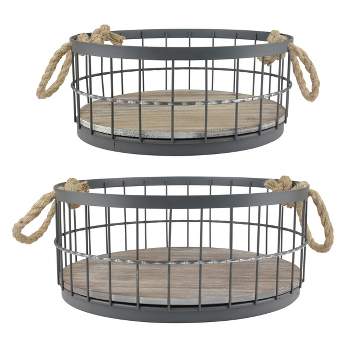2pc Round Rustic Wood and Metal Basket Set Brown - Stonebriar Collection