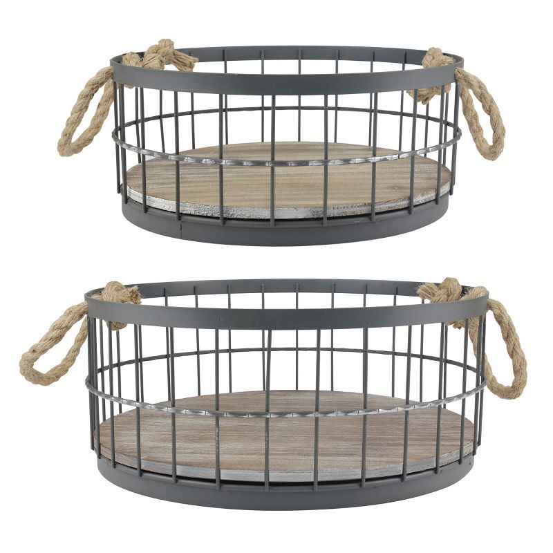 2pc Round Rustic Wood and Metal Basket Set Brown - Stonebriar Collection, 1 of 9