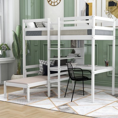 CAVINAS Twin Size Bunk Bed with Desk Detachable Pine Bed Frame with Storage Shelves and Ladder for Bedroom, White
