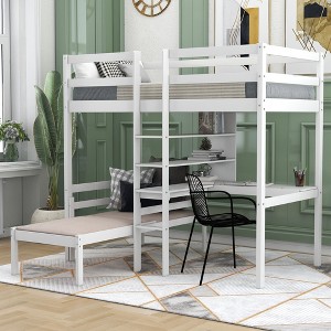 CAVINAS Twin Size Bunk Bed with Desk Detachable Pine Bed Frame with Storage Shelves and Ladder for Bedroom, White - 1 of 4