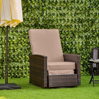 Khaki Wicker Outdoor Swivel Recliner with Cushions and Arms