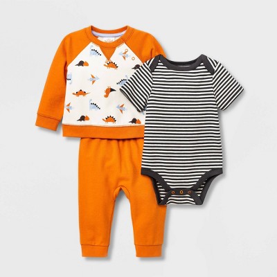 Baby Boys' 3pc Dino Sweatshirt Top & Bottom Set - Cat & Jack™ Orange 3-6M