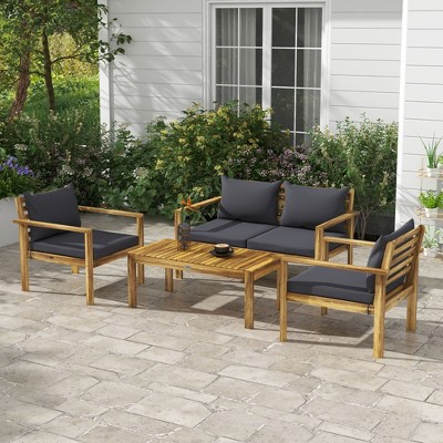 Acacia Wood 4-Piece Outdoor Patio Set with Gray Cushions