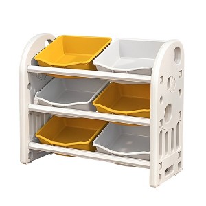 Kids Toy Storage Organizer With 6 Bins Multi-Functional 3-Tier Shelf Organizer Storage Cabinet Unit For Playroom Bedroom Living Room Yellow - 1 of 4
