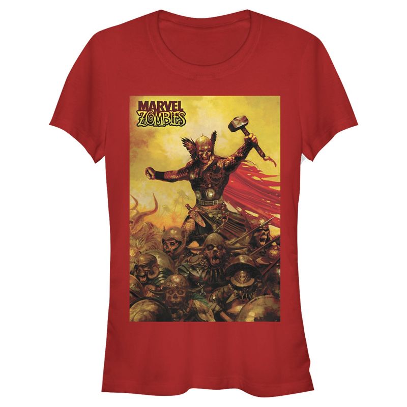 Juniors Womens Marvel Zombies Thor Battle T-Shirt, 1 of 4