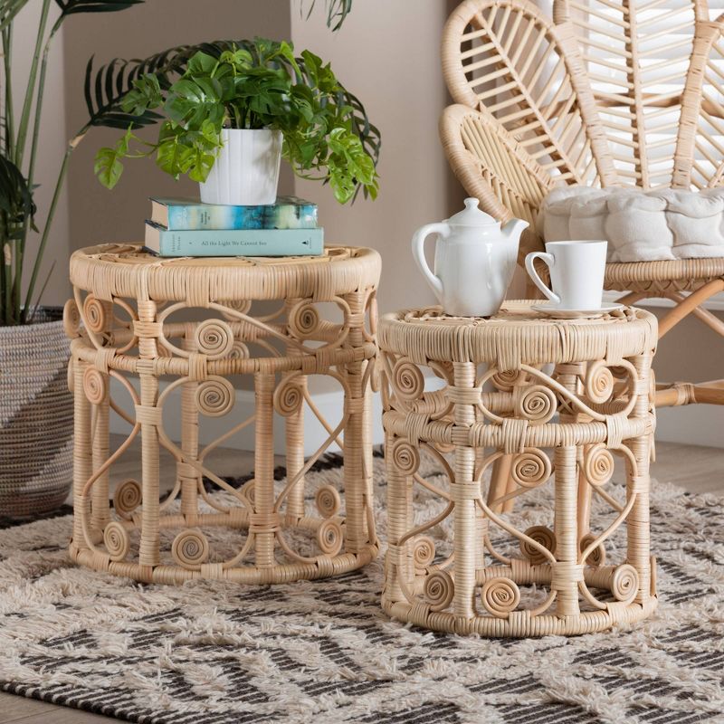 2pc Bowie Rattan Nesting End Table Set Natural Brown - Baxton Studio, 3 of 10