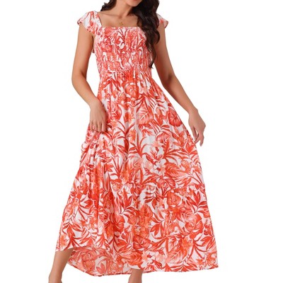 INSPIRE CHIC Women's Summer Boho Smocked Square Neck Cap Sleeve Ruffle Floral Flowy Tiered Maxi Sundress