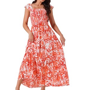 INSPIRE CHIC Women's Summer Boho Smocked Square Neck Cap Sleeve Ruffle Floral Flowy Tiered Maxi Sundress - 1 of 4
