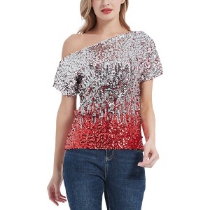 Anna-Kaci Women's Short Sleeve One Shoulder Sparkle Sequin Pullover Top - 1 of 4