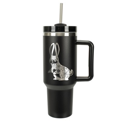 Elanze Designs 40 Ounce Travel Tumbler With Straw and Lid Stainless Steel Double Wall Insulated Gentle Floral Rabbit Black