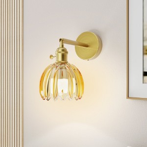 Gold Brass Wall Sconce with Rotating Steel Arm, Remote Control Wall Light, Tulip High-Transmittance Glass Shade for Bedroom - 1 of 4