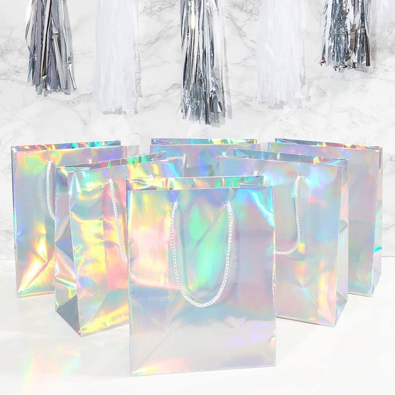 Sparkle and Bash 24 Pack Holographic Silver Gift Bags with Handles, 8x4x10 Inch for Wedding, Birthday, Retail, Small Business, Shopping, 3 of 9