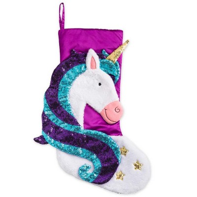 HearthSong - Unicorn Stocking with Sparkly Sequins & Satin Backing for Kids