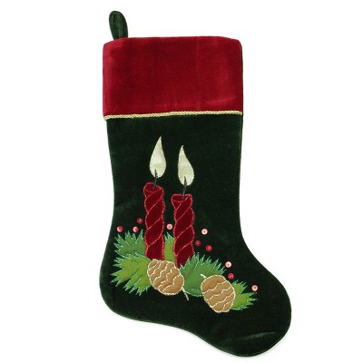 Northlight 20" Dark Green and Burgundy Candle and Pine Cone Christmas Stocking with Red Velveteen Cuff