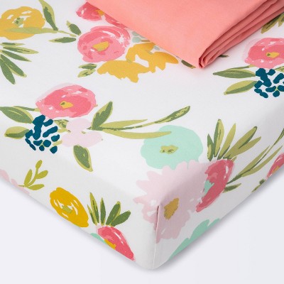 Crib Fitted Sheets Floral and Coral Solid - Cloud Island™ Coral 2pk