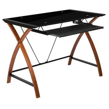 Emma and Oliver Black Glass Computer Desk with Pull-Out Keyboard Tray and Crisscross Frame