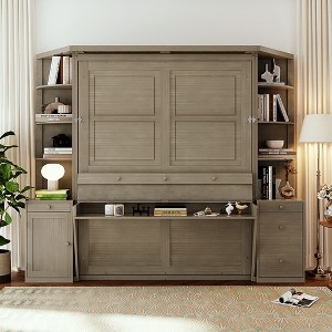 Queen Size Murphy Bed Space-saving Wall Bed Foldable Bed with Desk, Storage Shelves & Cabinets - ModernLuxe - 1 of 4
