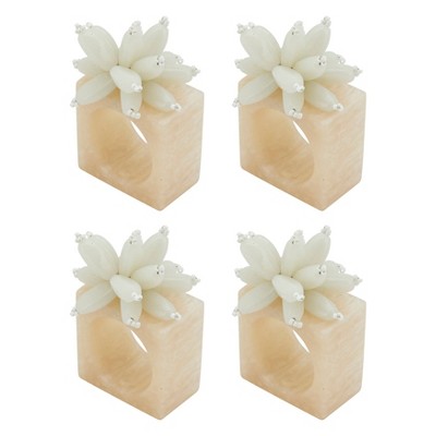 Ivory Beaded Floral Bloom Resin Napkin Rings, Set of 4