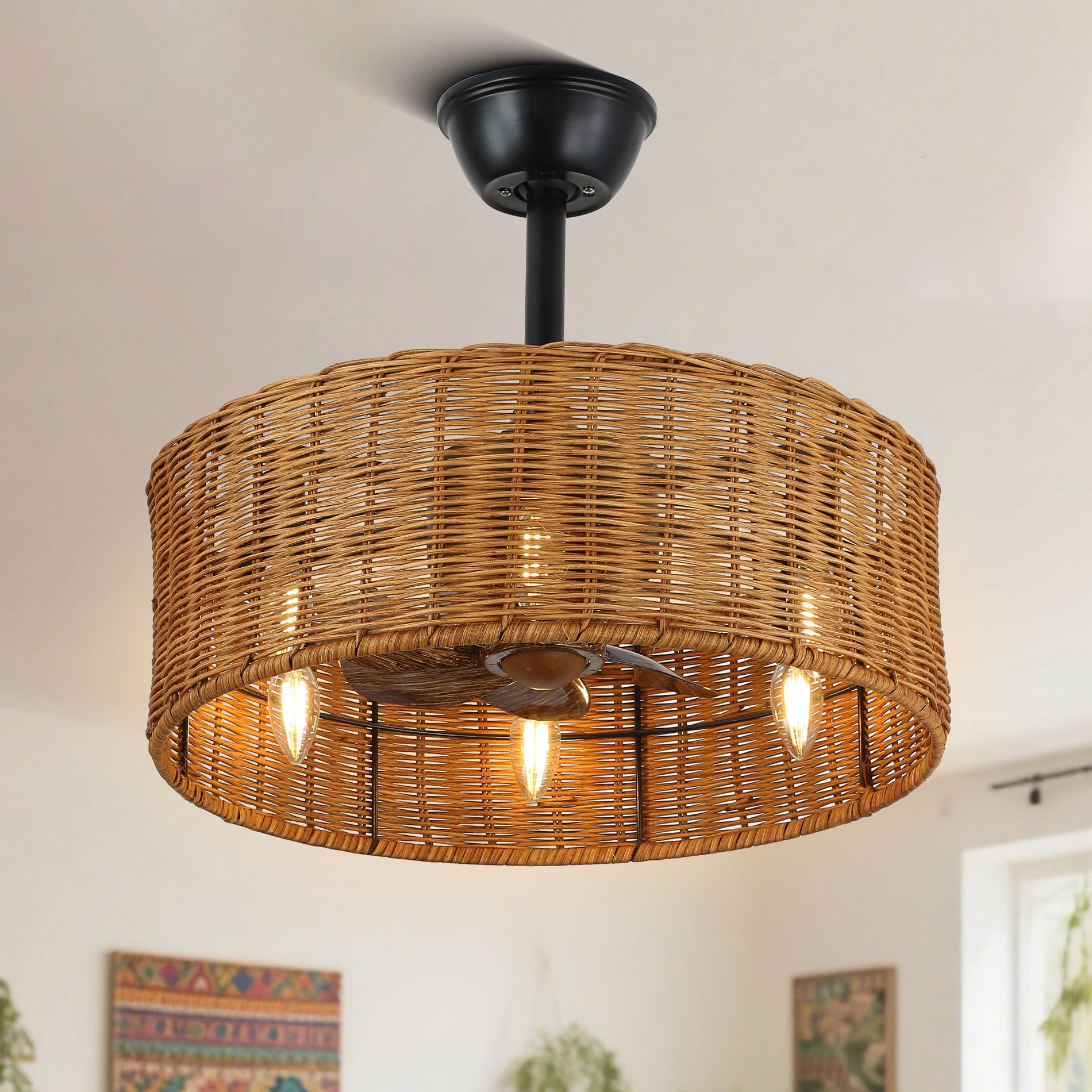 Bella Depot 18" Famrhouse Caged Ceiling Fan 3-speed Reversible Fan with Light Kit and Remote Control Rattan Weave Cage