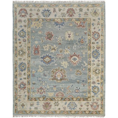 Blue Ivory and Yellow Wool Floral Hand Knotted Area Rug With Fringe