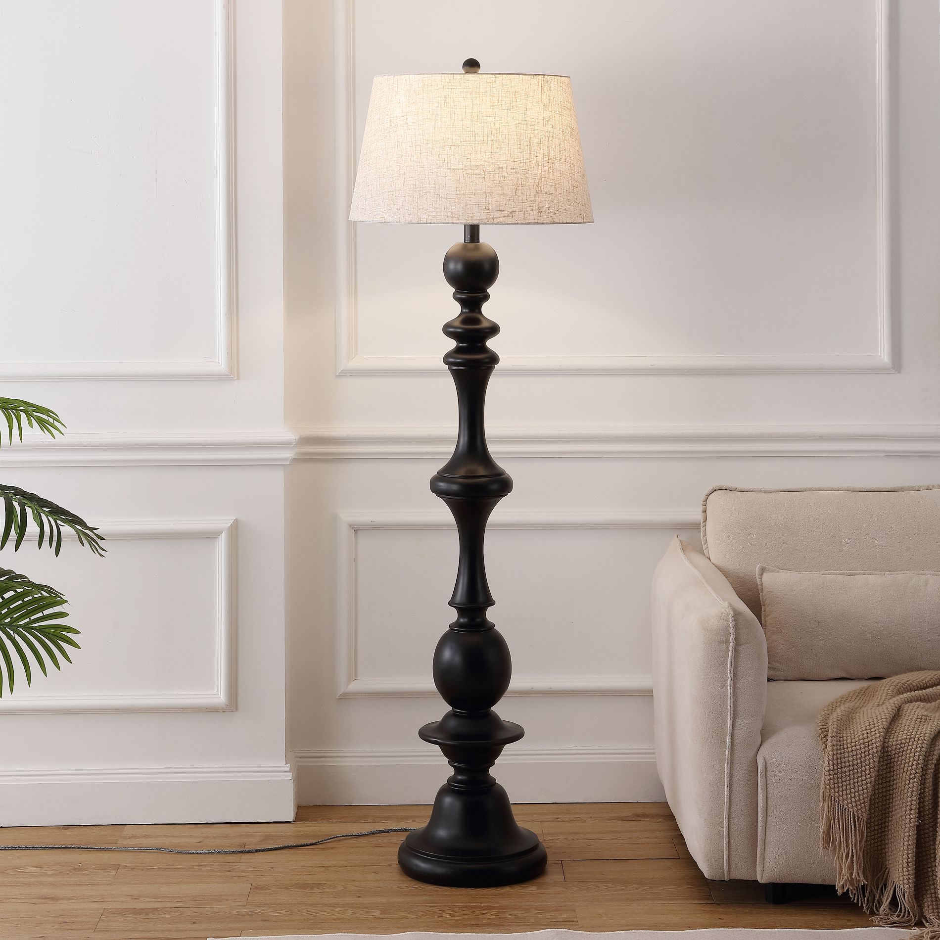 JONATHAN Y Taylor 67" Rustic Farmhouse Spindled Resin LED Floor Lamp, Black